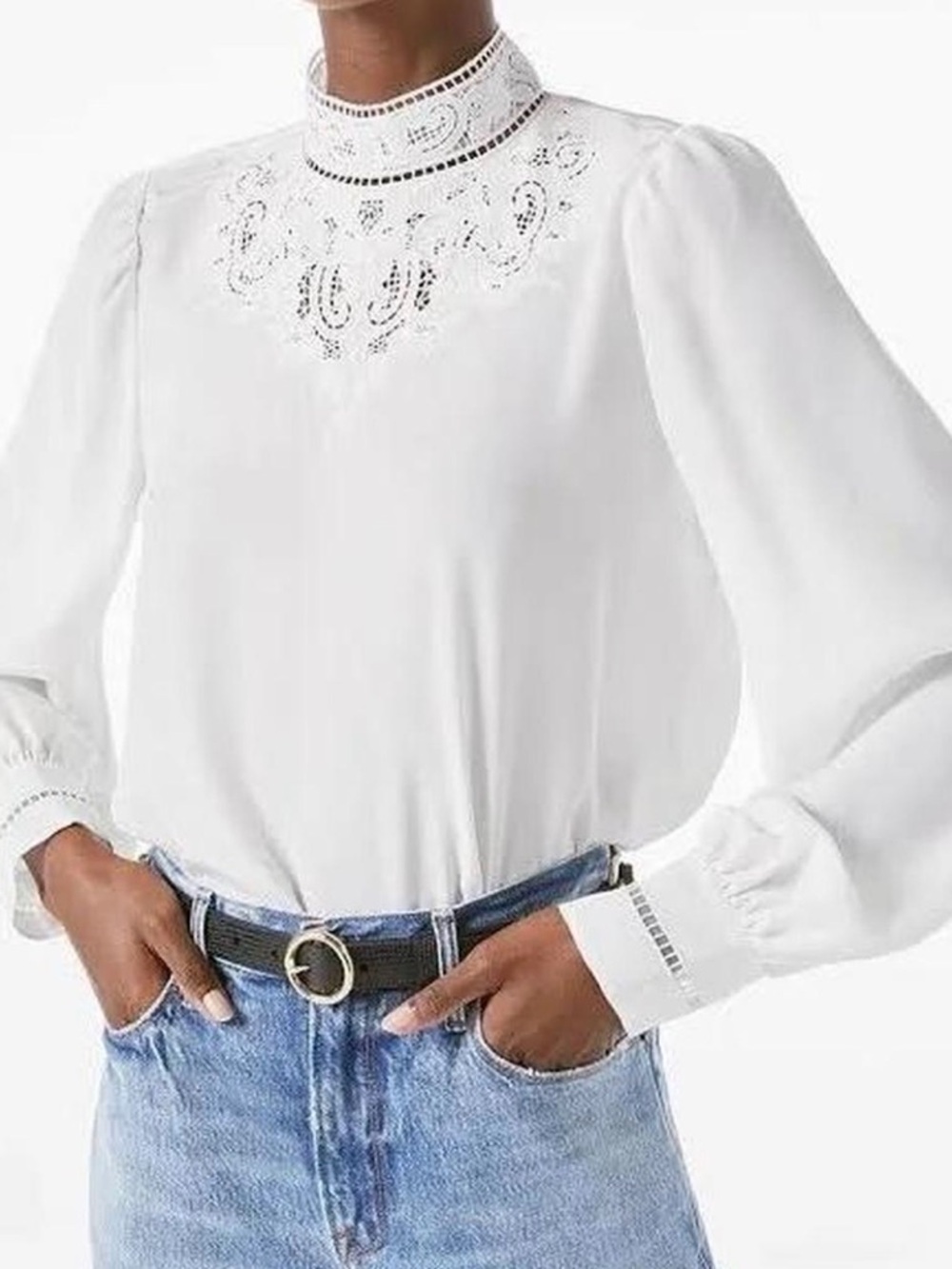 Frame Ada SILK Off White Lace-Detail High-Neck Mockneck Blouse